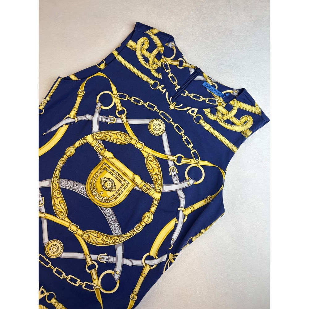 J. McLaughlin Women's Sleeveless Dress Navy Blue Gold Chain Print Size Small New - Picture 2 of 9